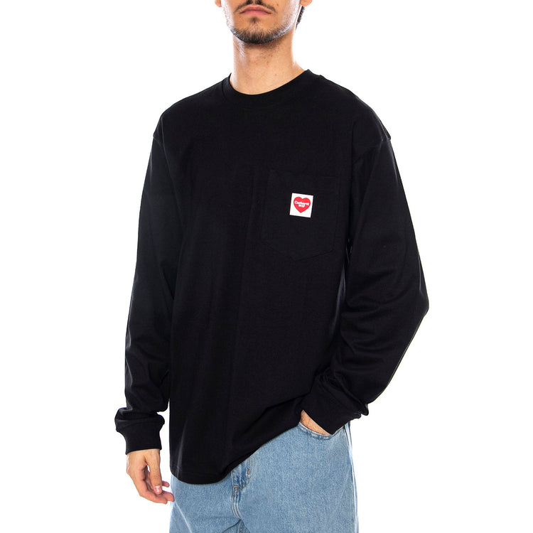 L/S Pocket Heart T-Shirt Black / Red - Maglietta Girocollo Maniche Lunghe Uomo Nera I035300.1V2XX . CARHARTT WIP 