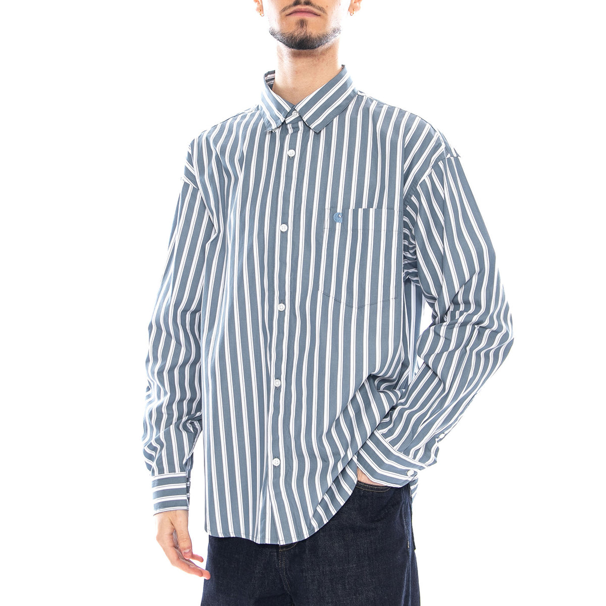 L/S Malden Shirt - Malden Stripe, Angelite - Camicia Uomo Blu / Bianca I035334.3CYXX . CARHARTT WIP 