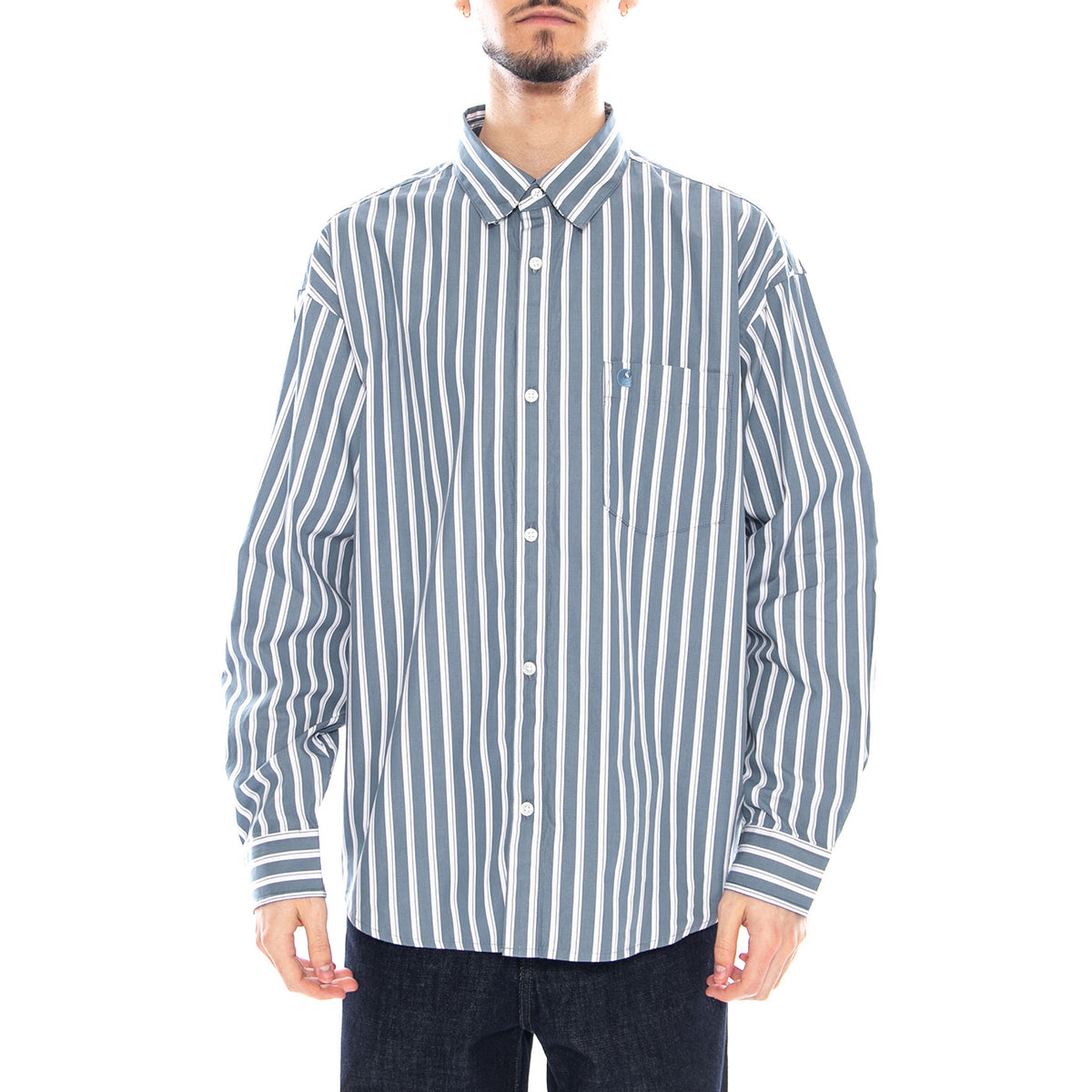 L/S Malden Shirt - Malden Stripe, Angelite - Camicia Uomo Blu / Bianca I035334.3CYXX . CARHARTT WIP 