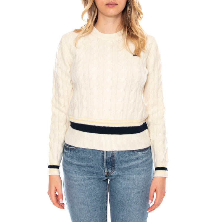 Pullover XFJ Lacoste -- Maglione Donna Bianco con Scollo a V AF4159-XFJ . LACOSTE 