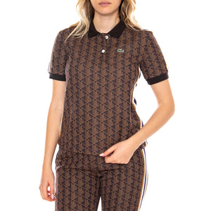 Polo Maglietta M/C 9I4 Lacoste -- Polo Donna Marrone con Logo All Over DF3364-9I4 . LACOSTE 