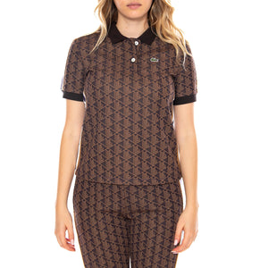 Polo Maglietta M/C 9I4 Lacoste -- Polo Donna Marrone con Logo All Over DF3364-9I4 . LACOSTE 