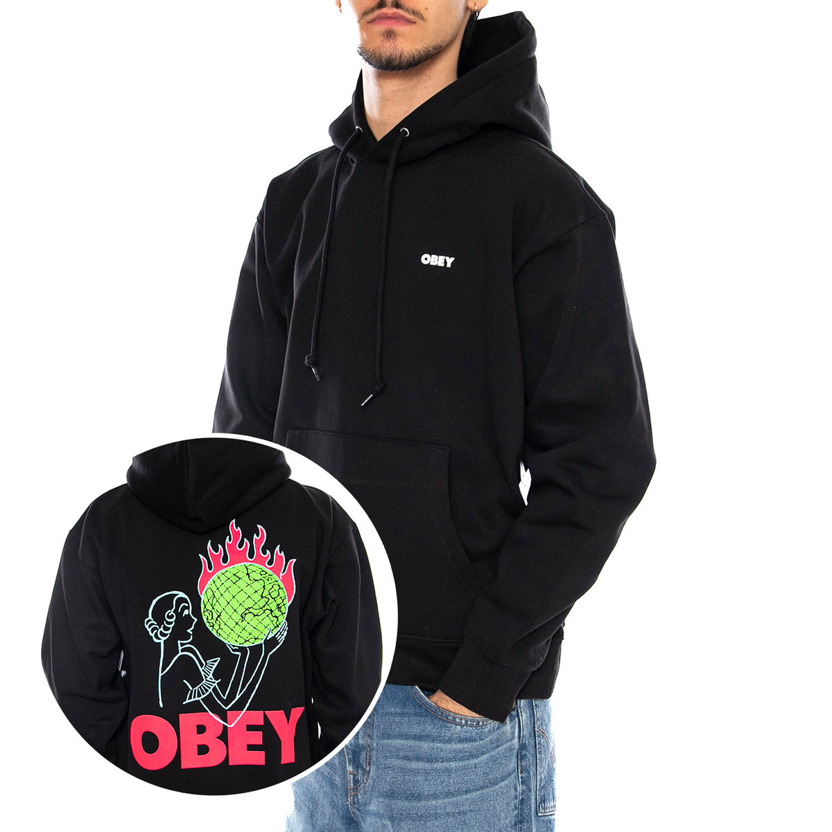 OBEY World In Flames Fleece Black - Felpa con Cappuccio Uomo Nera 112844236 BLK OBEY 