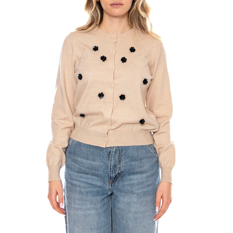 Knit Cardigan with Sequin Flowers -- Cardigan Donna Beige 53W/10706 White WILD PONY 