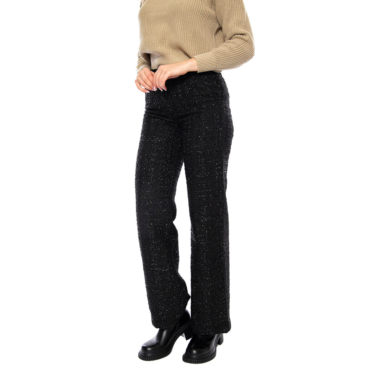 Pantalón Recto Tweed -- Pantaloni Donna Neri 53W/11250 Negro WILD PONY 
