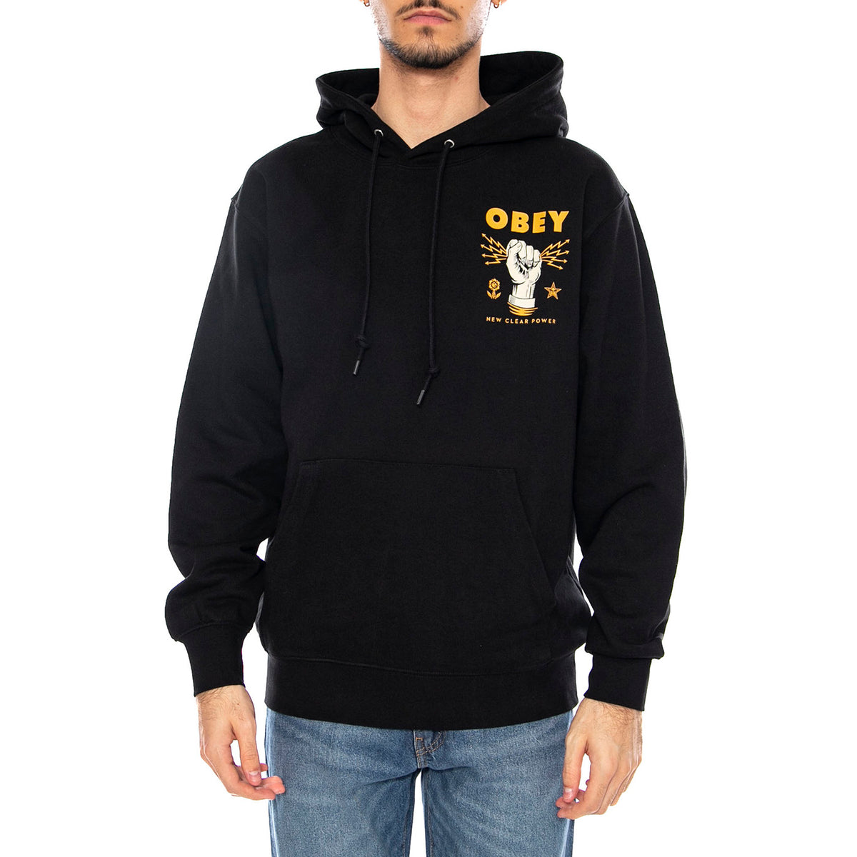 Obey New Clear Power Hood Fleece Black -- Felpa con Cappuccio Uomo Nera 117463779 BLK OBEY 