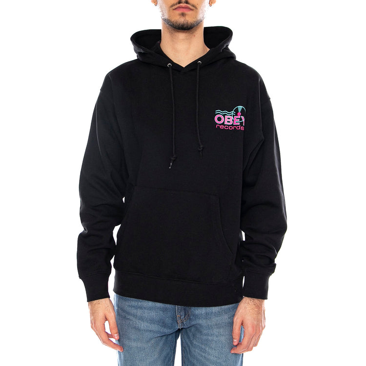 Obey Records Sound Waves Fleece Black -- Felpa con Cappuccio Uomo Nera 117464050 BLK OBEY 
