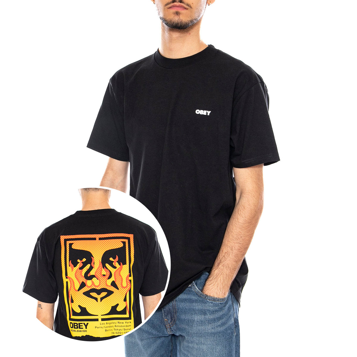 Obey Icon Stencil Flame Tee -- Maglietta Girocollo Uomo Nera 165264048 BLK OBEY 