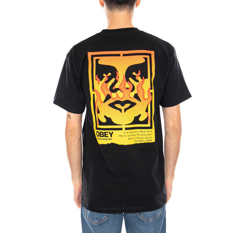 Obey Icon Stencil Flame Tee -- Maglietta Girocollo Uomo Nera 165264048 BLK OBEY 