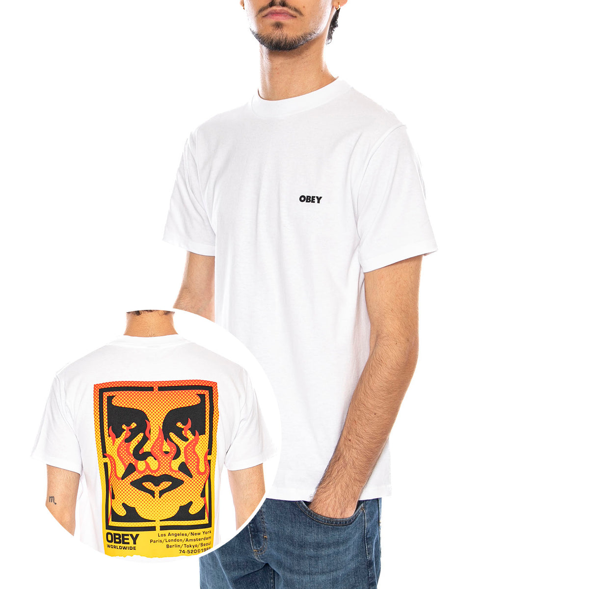 Obey Icon Stencil Flame Tee White - Maglietta Girocollo Uomo Bianca 165264048 WHT OBEY 