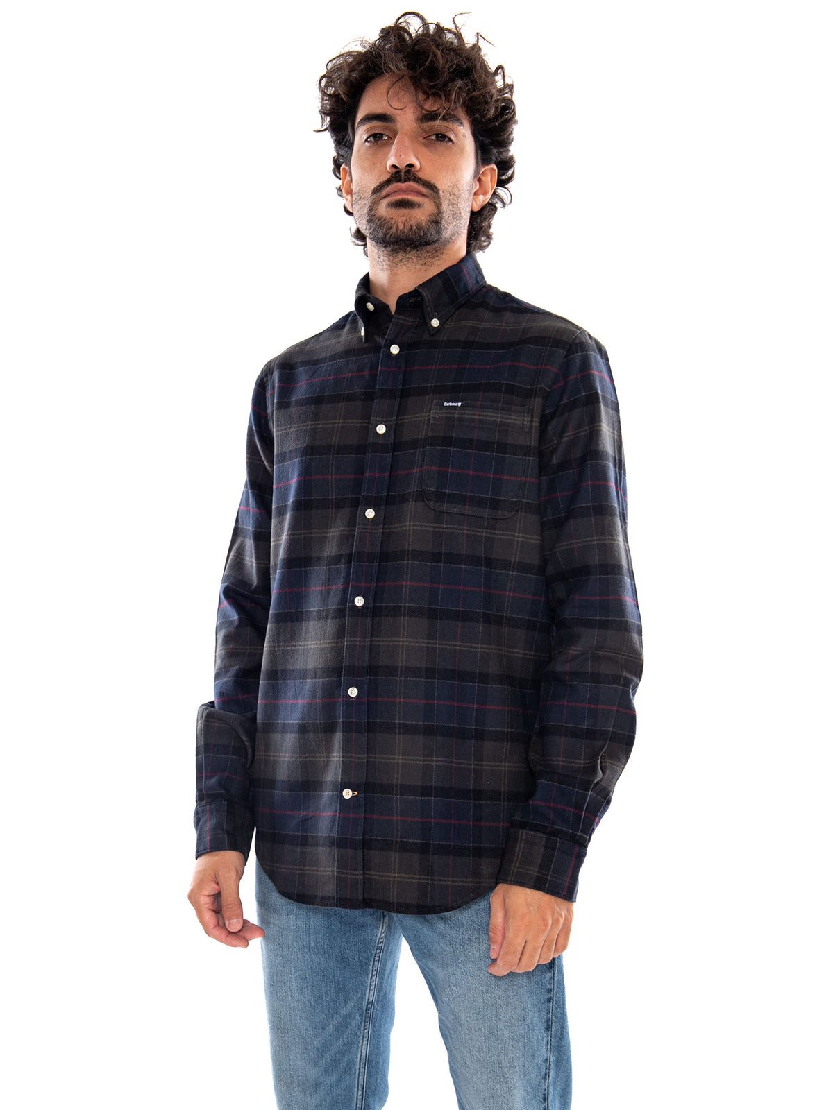 KYELOCH TAILORED SHIRT SHADOW CLASSIC TARTAN - Camicia Uomo a Maniche Lunghe a Quadri Nera e Grigia<BR/><BR/> MSH5014 TN43 BARBOUR 