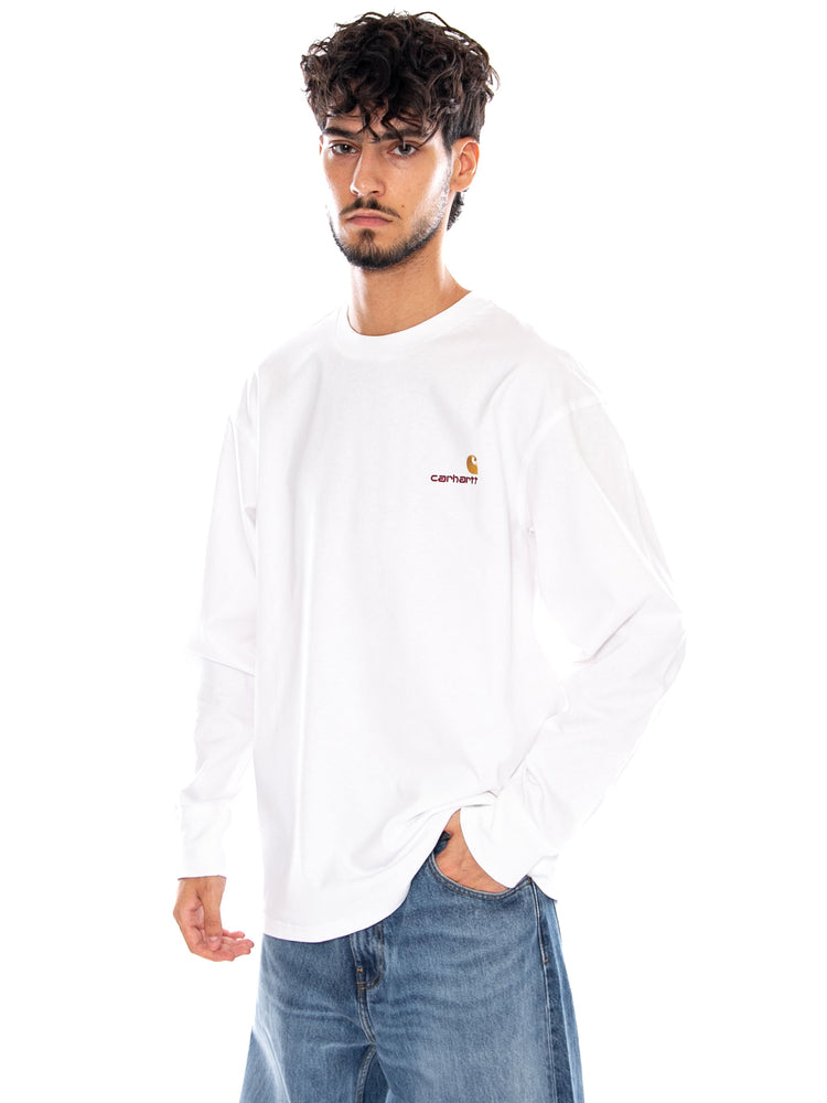 L/S AMERICAN SCRIPT T-SHIRT WHITE - Maglietta Girocollo Maniche Lunghe Uomo Bianca I029955 02XX CARHARTT WIP 
