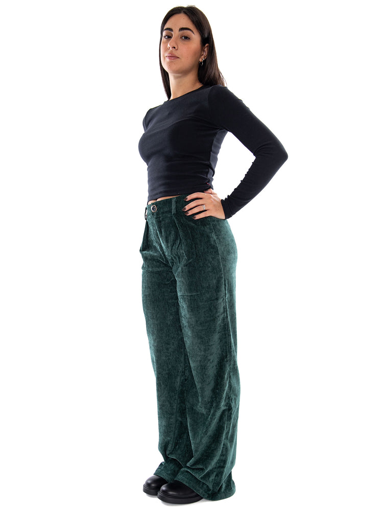 Compania Fantastica Pantalón Aterciopelado Verde Oscuro con Botón Joya Green - Pantaloni Donna Verde Scuro in Velluto 64C/11136 GRN COMPANIA FANTASTICA 