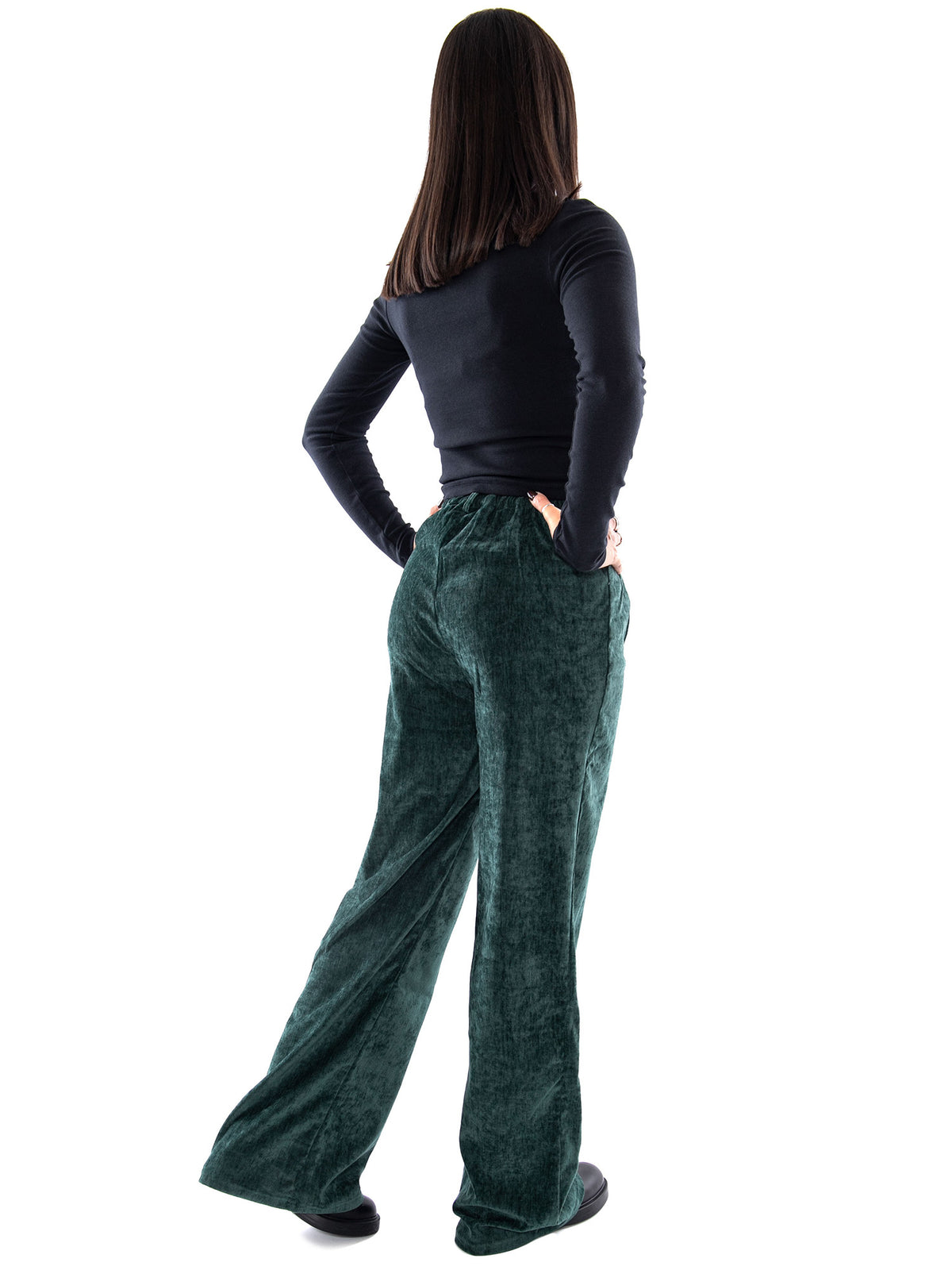 Compania Fantastica Pantalón Aterciopelado Verde Oscuro con Botón Joya Green - Pantaloni Donna Verde Scuro in Velluto 64C/11136 GRN COMPANIA FANTASTICA 