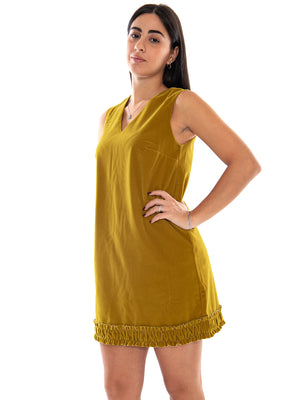 Compania Fantastica Vestido Corto Terciopelo Ocre con Volante Elástico Yellow - Abito Corto Donna Giallo Ocra in Velluto<BR/><BR/> 64C/11137 YLW COMPANIA FANTASTICA 