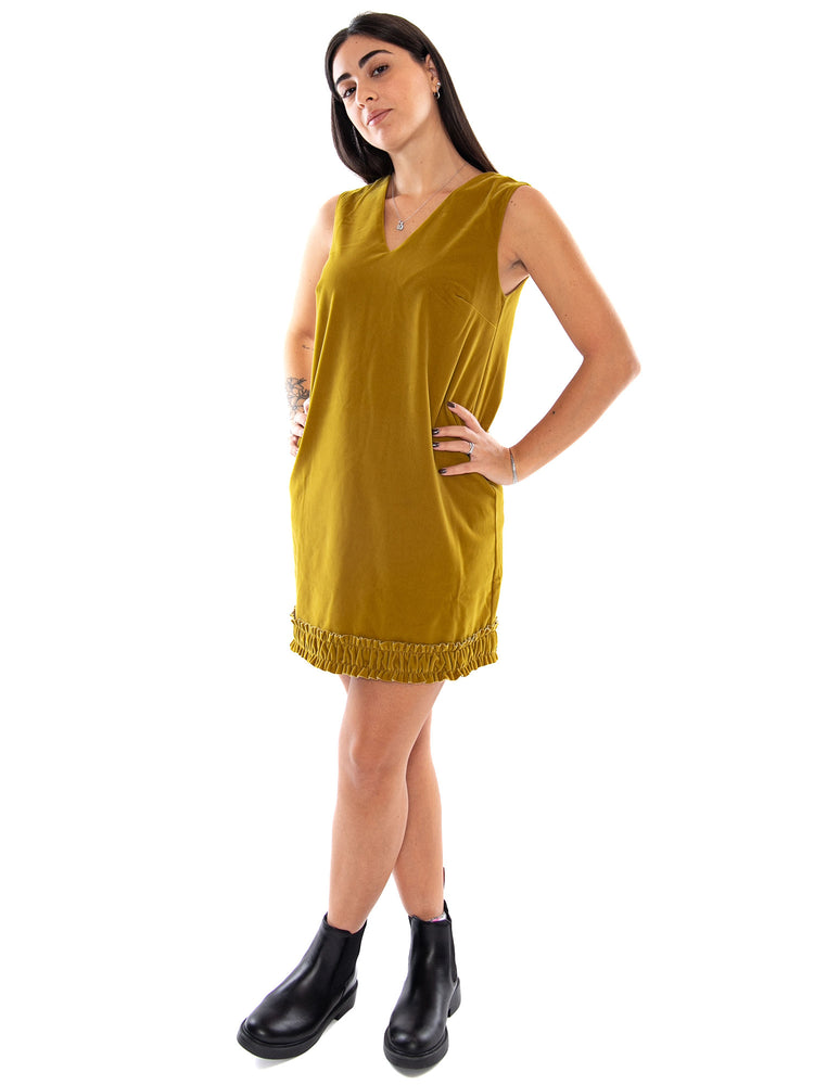 Compania Fantastica Vestido Corto Terciopelo Ocre con Volante Elástico Yellow - Abito Corto Donna Giallo Ocra in Velluto<BR/><BR/> 64C/11137 YLW COMPANIA FANTASTICA 