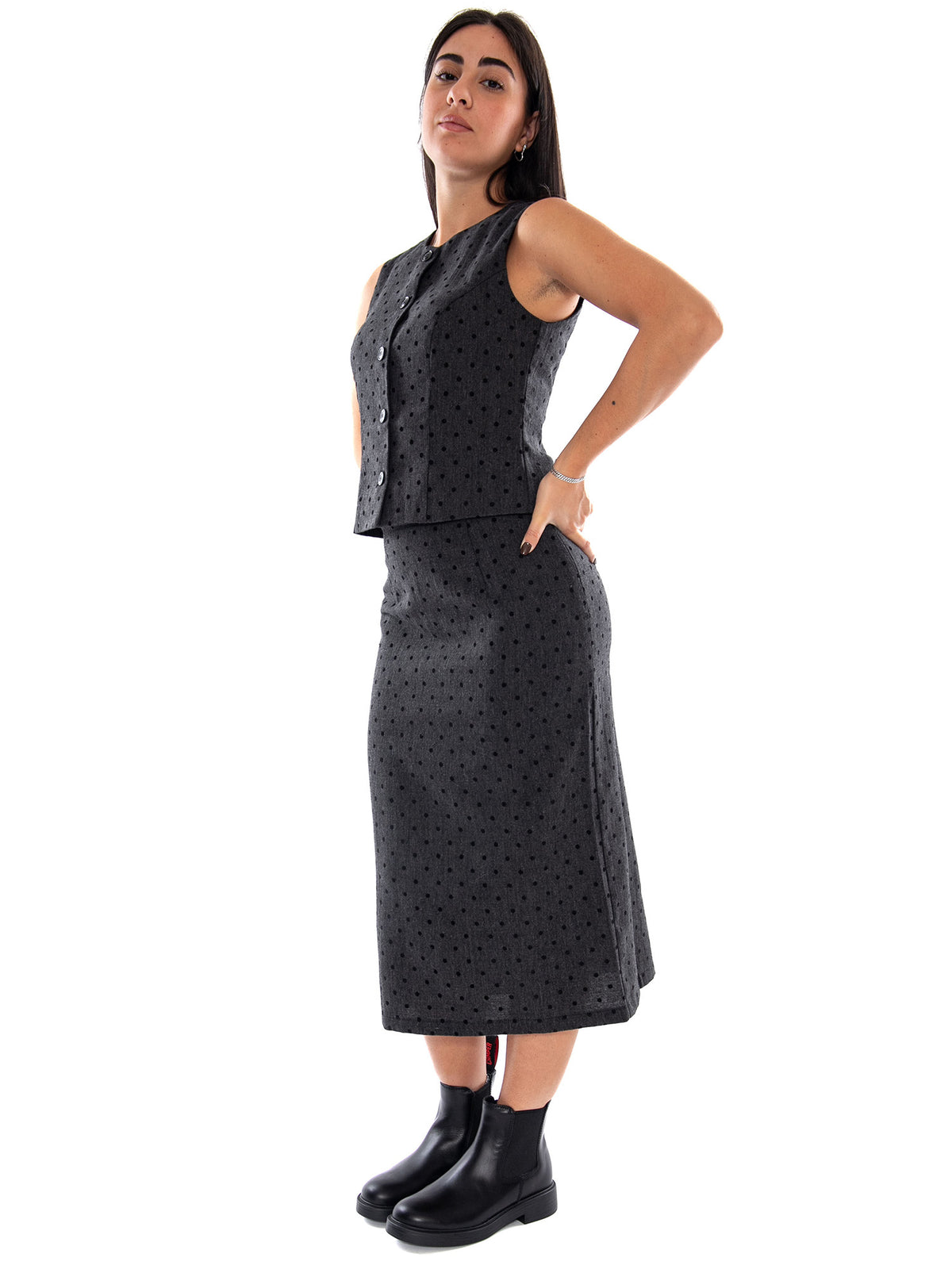 Compania Fantastica Falda Midi Tweed con Punto Negro Black - Gonna Midi Donna Nera in Tweed<BR/><BR/> 64C/11148 BLK COMPANIA FANTASTICA 