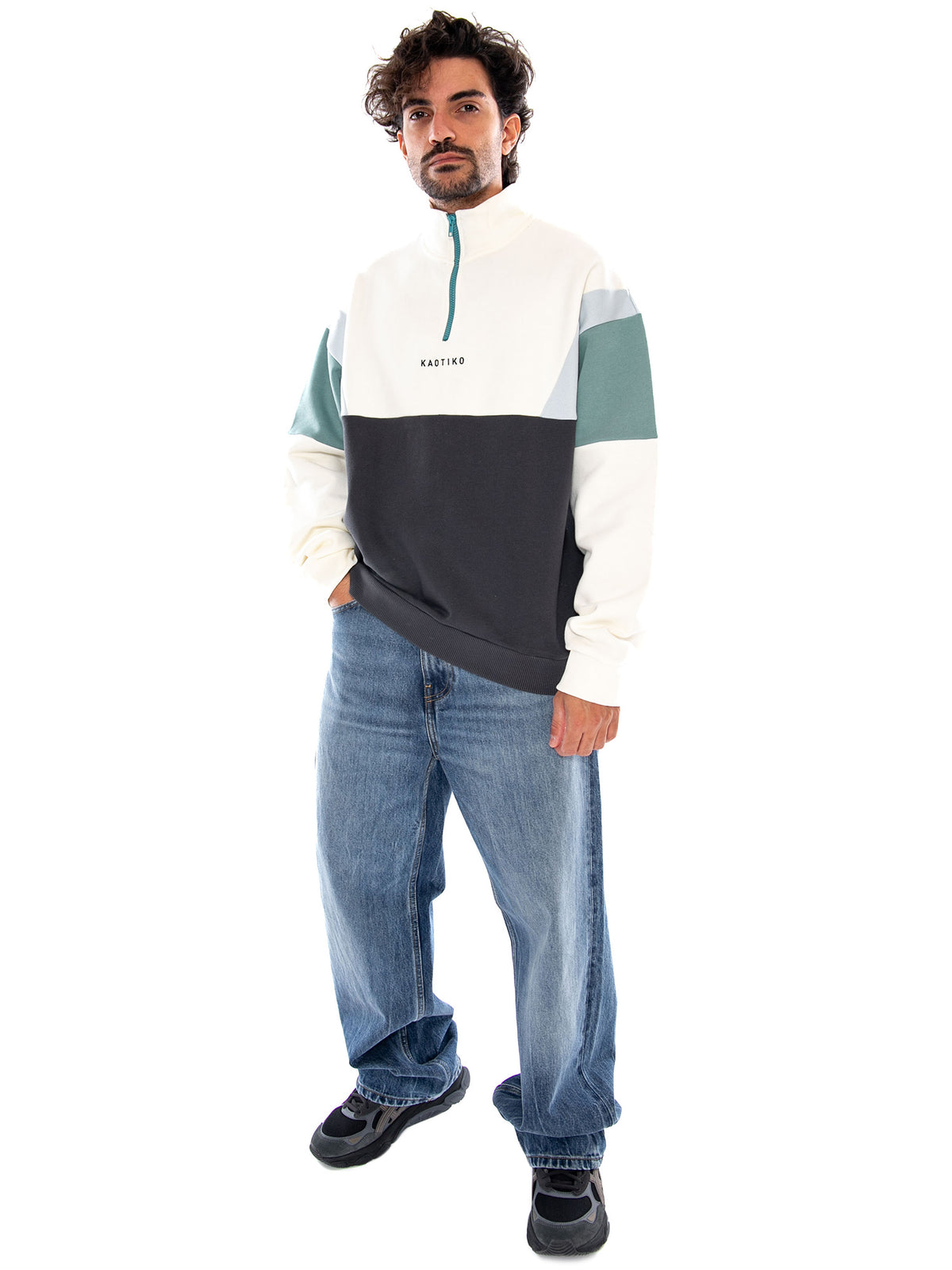 CREW ARTHUR IVORY/BLACK/NIAGARA - Felpa con Collo Alto e Zip Corta Uomo Multicolore AT087 G002 KAOTIKO 