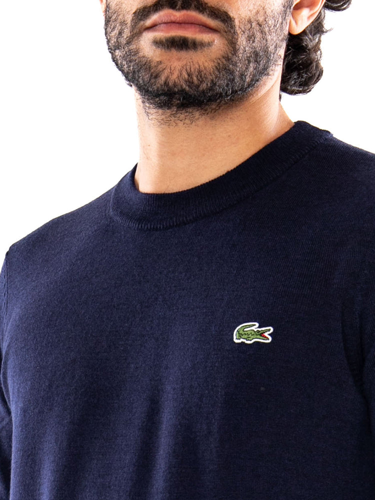 Pullover Girocollo Blue - Maglione Uomo Blu a Maglia Rasata AH3225 166 LACOSTE 
