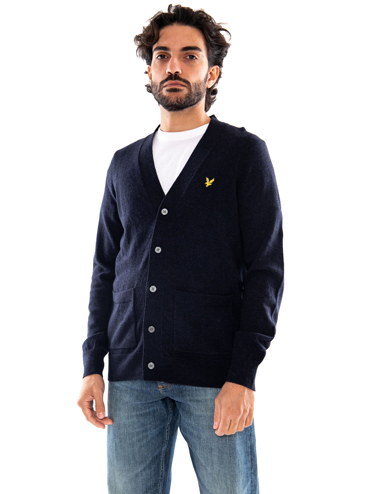 Lyle & Scott Lambswool Blend V Neck Cardigan Dark Navy Marl - Cardigan Uomo con Scollo a V Blu Navy Mélange<BR/><BR/> KN2546V Z56 LYLE & SCOTT 
