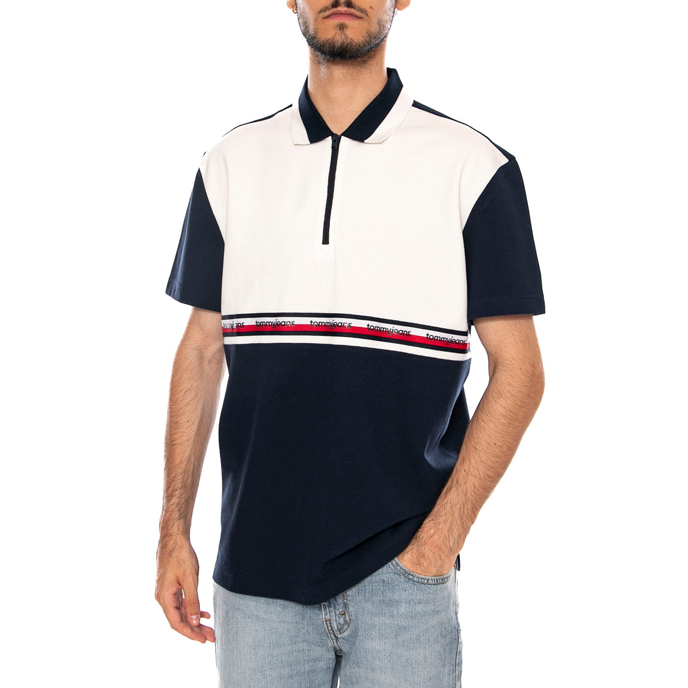 TJM RLX TAPE ZIP POLO ANCIENT WHITE COLORBLOCK - Polo Uomo Bianca / Multicolore DM0DM23242 YBH TOMMY HILFIGER 