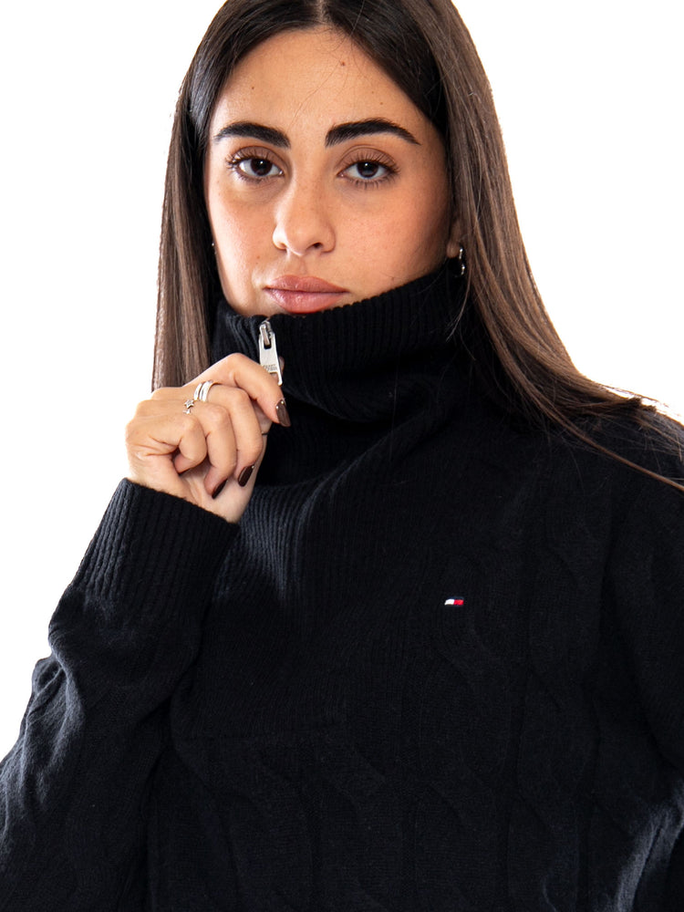 Tommy Hilfiger Soft Wool Cable 1/2 Zip LS SWT Black - Maglione Donna Nero WW0WW46425 BDS TOMMY HILFIGER 