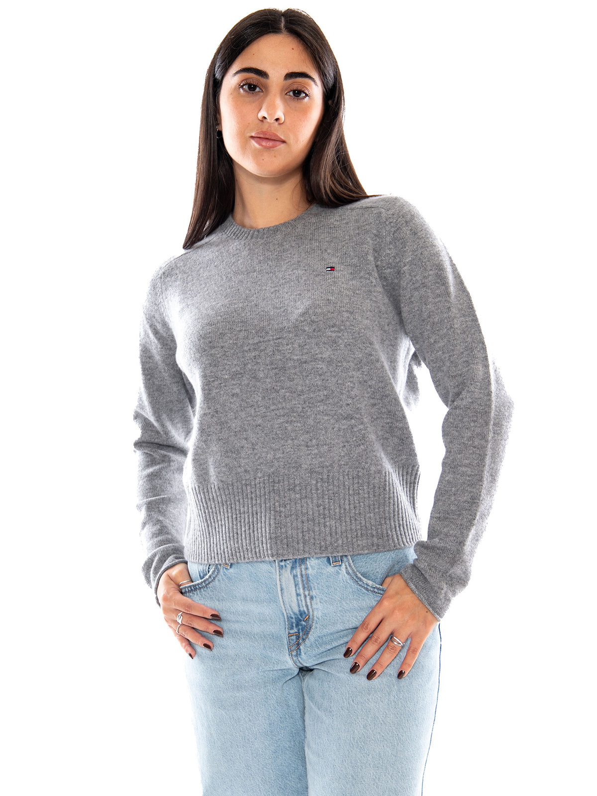 Tommy Hilfiger C-NK Soft Wool Jersey Slim Sweater Medium Grey Heather - Maglia Donna Grigio Mélange WW0WW51432 P7D TOMMY HILFIGER 