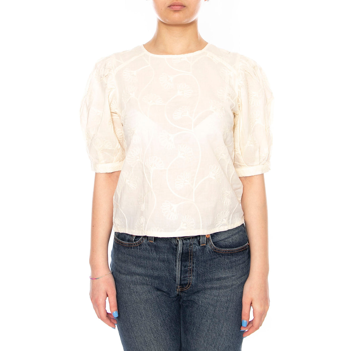 TOP 100% ALGODÓN BLANCO ROTO CON BORDADO FLORAL - Maglietta Donna Ecrù 61W/41201 ECR WILD PONY 