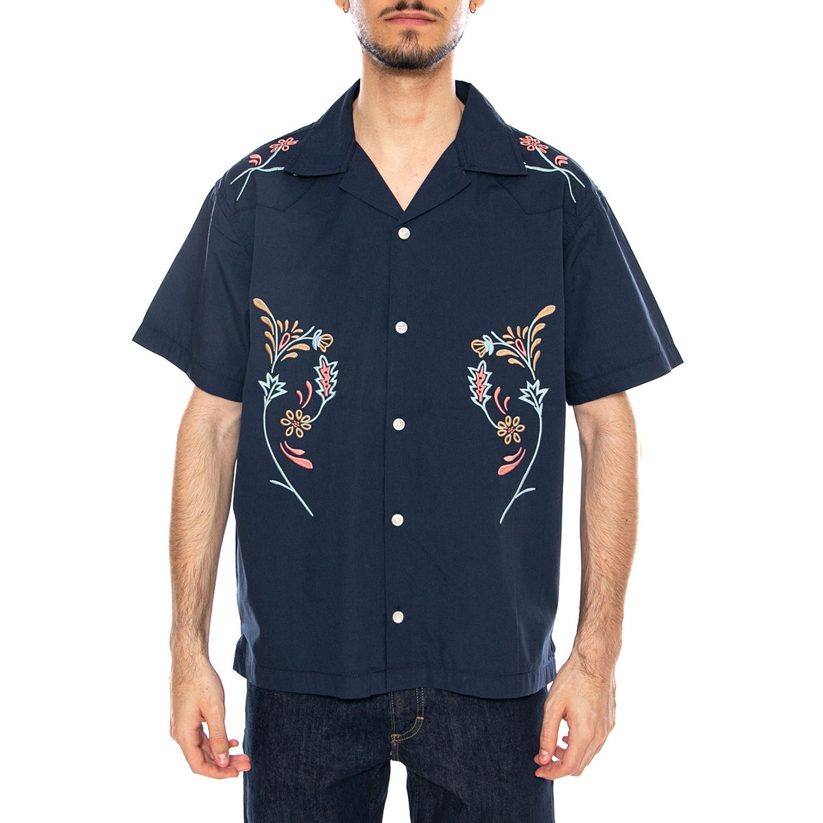 SS W Resort Shirt Navy Floral Blue - Camicia Maniche Corte Uomo Blu 112378101 BL WRANGLER 