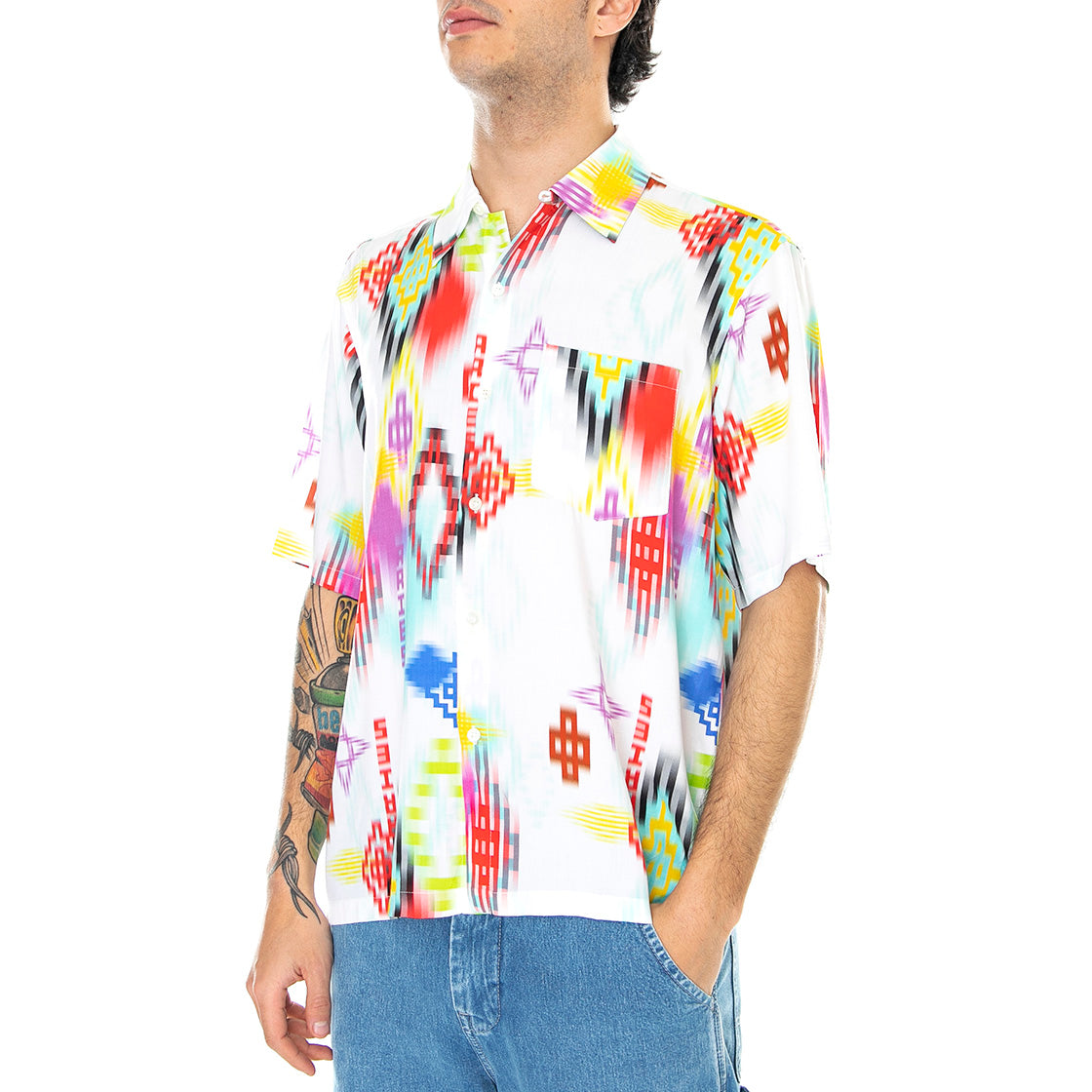 Ikat Print Hawaiian - Camicia Maniche Corte Uomo Bianca SRAR40112-WHT . ARIES 