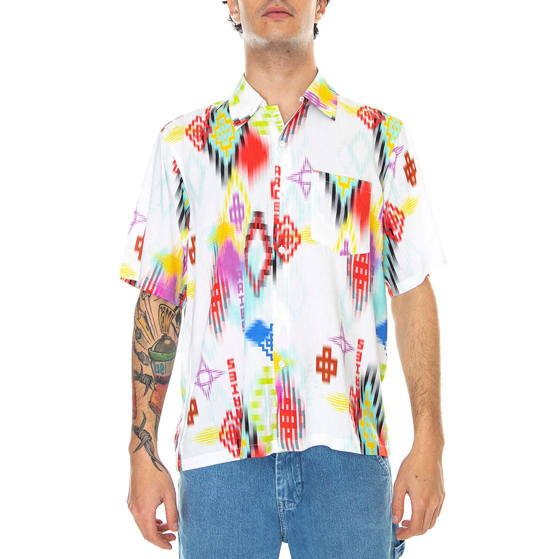 Ikat Print Hawaiian - Camicia Maniche Corte Uomo Bianca SRAR40112-WHT . ARIES 