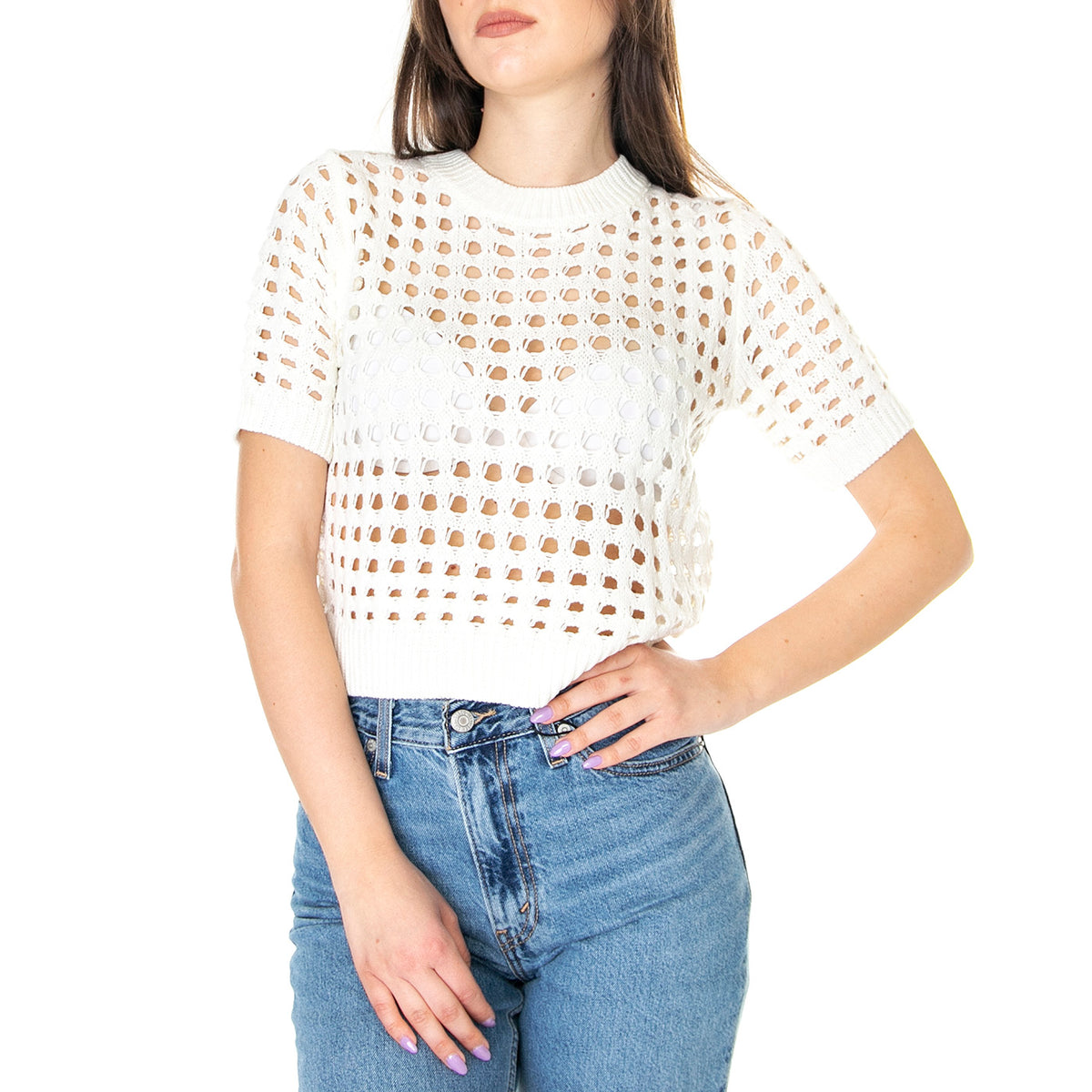W' Top de Punto Abierto de Manga Corta Blanco - Top Donna Bianco 31W/10272 . WILD PONY 