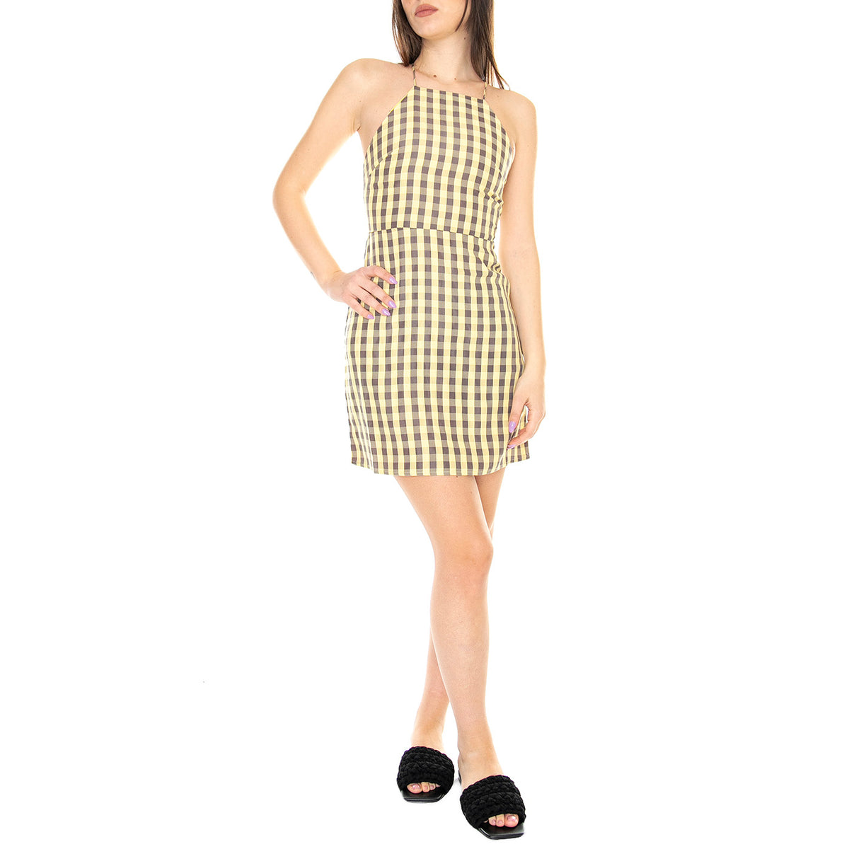 Vestido Corto Halter con Estampado de Cuadros Vichy Amarillo - Abito Donna Arancione / Multicolore 31W/11227 . WILD PONY 