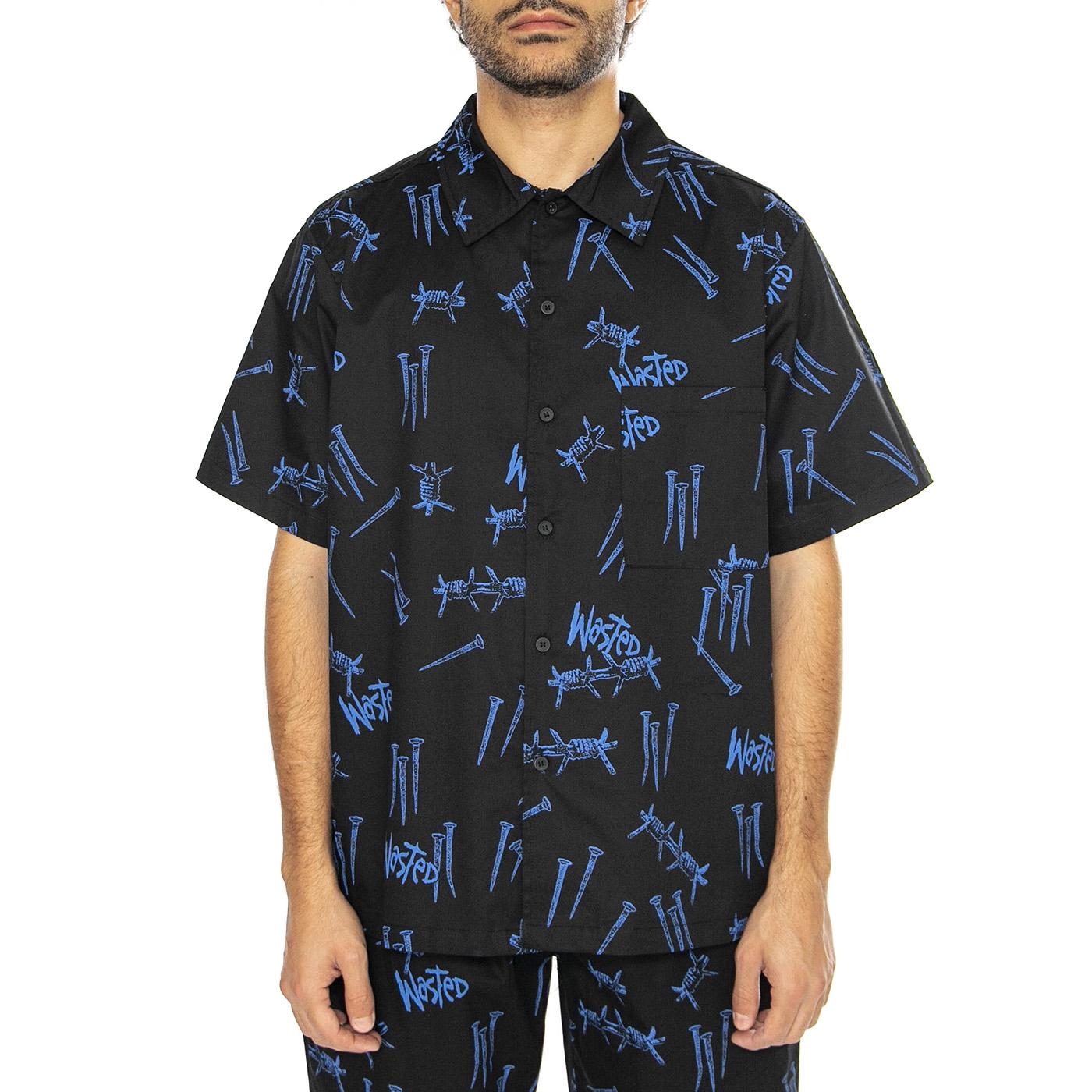 Shirt All Over Blind Black / Ultra Blue - Camicia Maniche Corte Uomo Nera SHIRT ALL OVER BLIND - BLACK/ULTRA BLUE  WASTED PARIS 