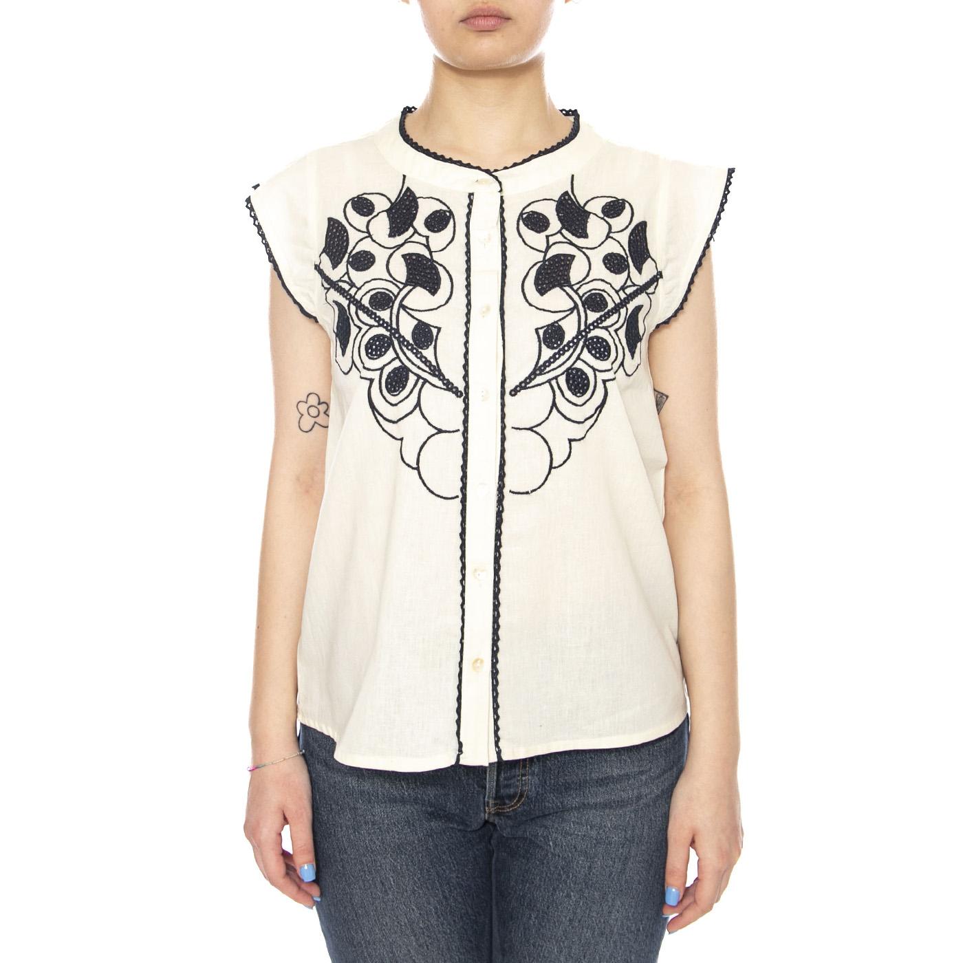 BLOUSE ECRU - Camicia Smanicata Donna Ecrù con Ricami a Contrasto 4.61.689.30 101 MD'M 