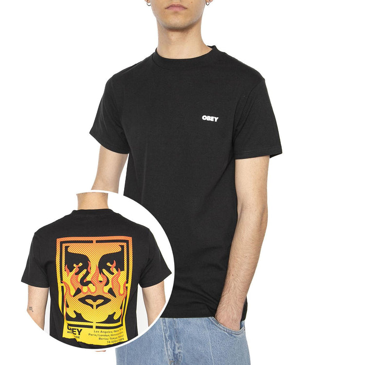 Obey Icon Stencile Flame Tee Black - Maglietta Girocollo Uomo Nera 165264048-BLK  OBEY 