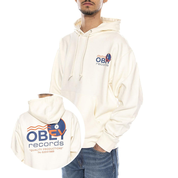 Obey Records Sound Waves Fleece Unbleached -- Felpa con Cappuccio Uomo Beige Naturale 117464050 UBL OBEY 