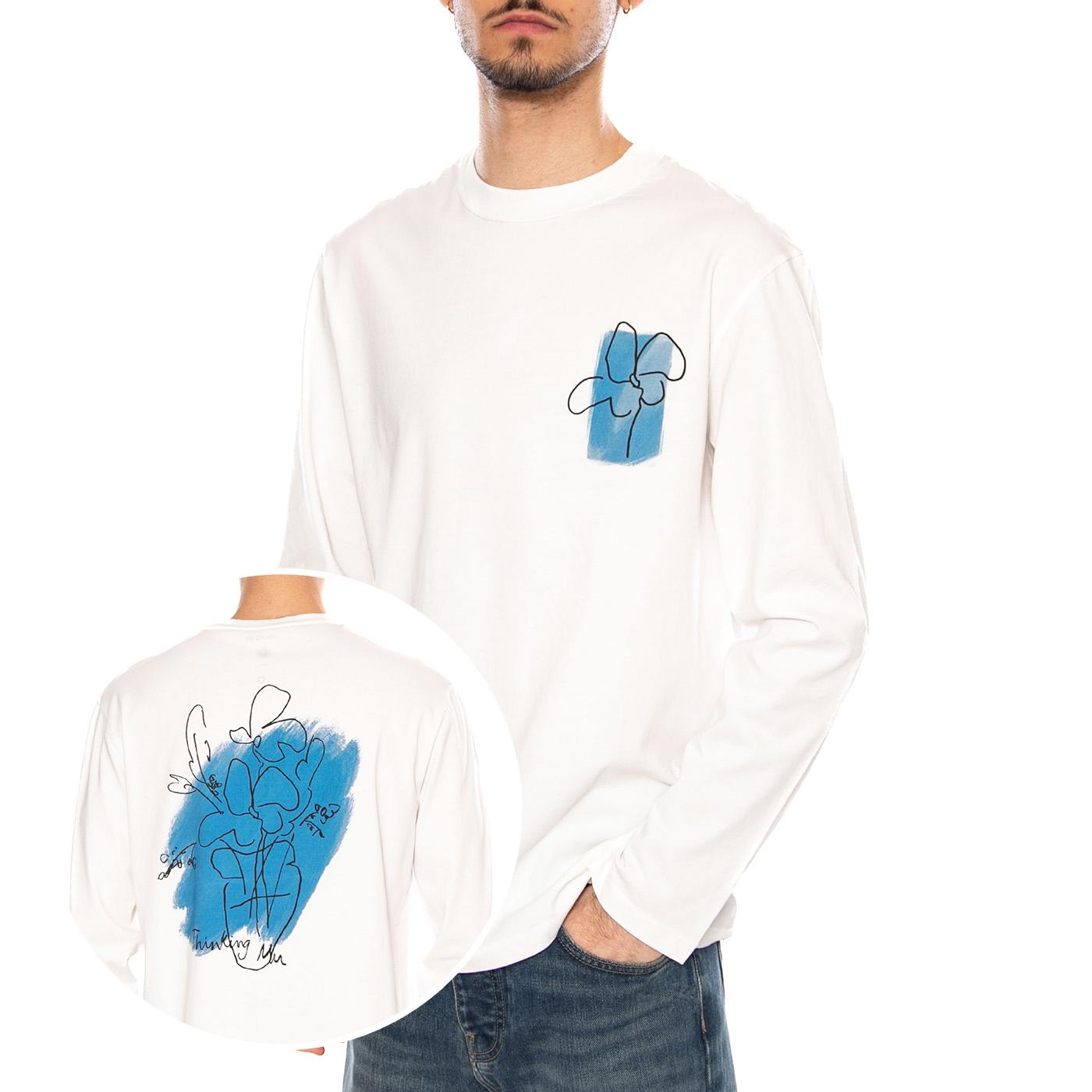 FLOWER POT BLUE EMILIO R TEE WHITE - Maglietta Girocollo Maniche Lunghe Uomo Bianca MTS00501 WHT THINKING MU 
