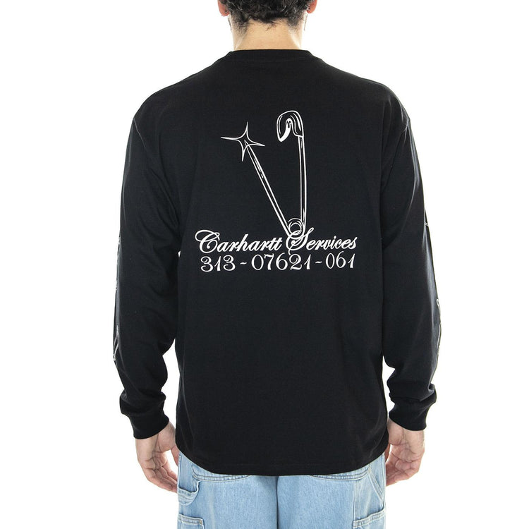 L/S Safety Pin T-Shirt Black / White - Maglietta Girocollo Maniche Lunghe Uomo Nera I032892.0D2XX  CARHARTT WIP 